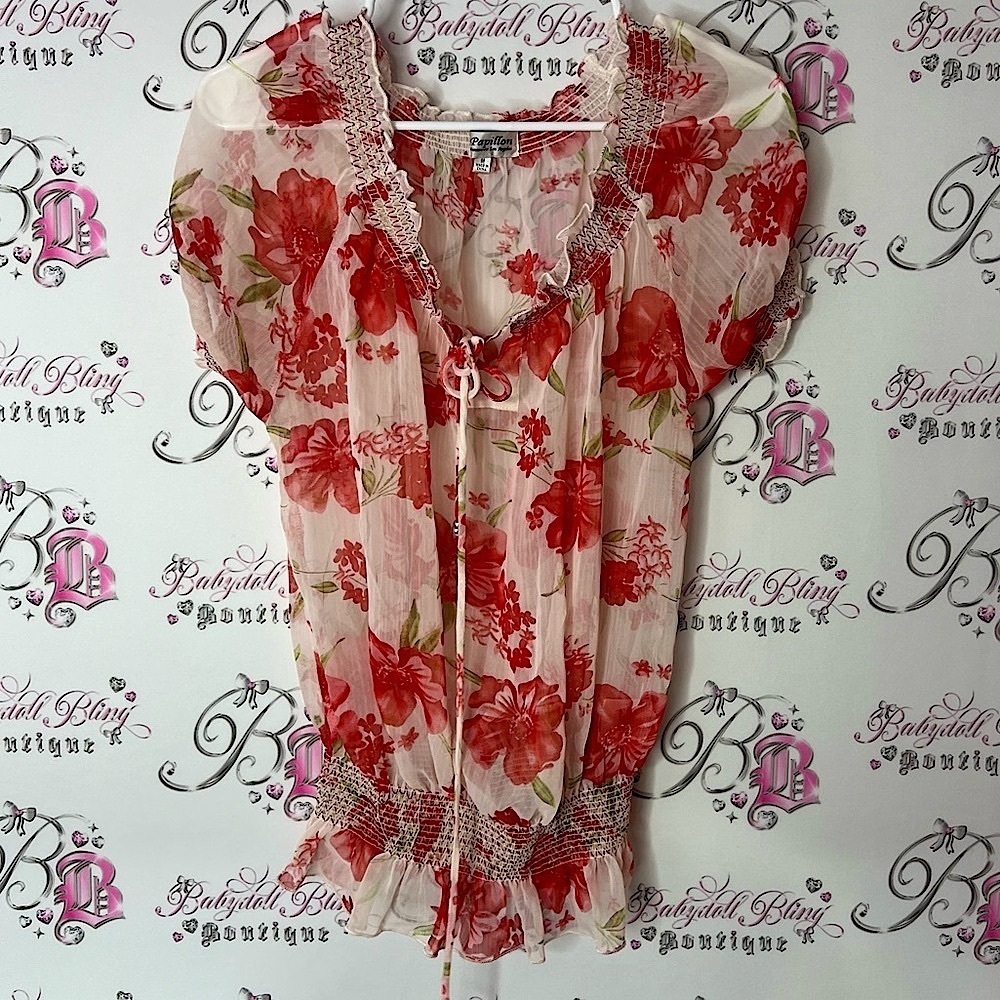 Papillon Blanc White and Red Ruffled Tie Front Blouse floral flowers puff sleeve